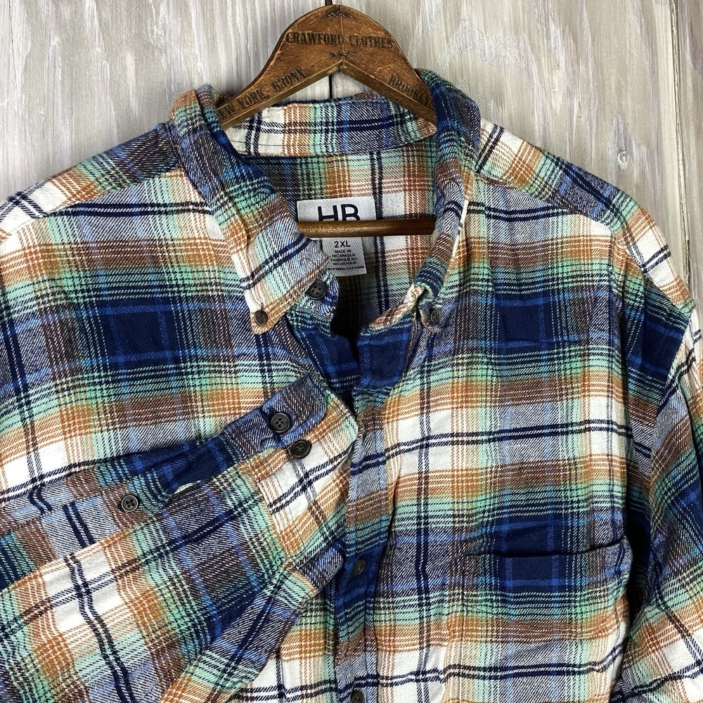 HB Harbor Bay Button Down Flannel Shirt Mens 2XL Blue Yellow Cotton Long‎ Sleeve